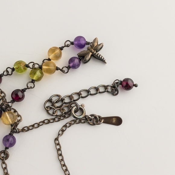Sterling Silver Necklace Multicoloured Gemstones Dragonfly Charm Pendant Vintage - Picture 10 of 12
